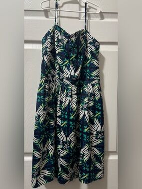 GAP Navy Blue, White & Green Floral Fit-and-Flare Dress
